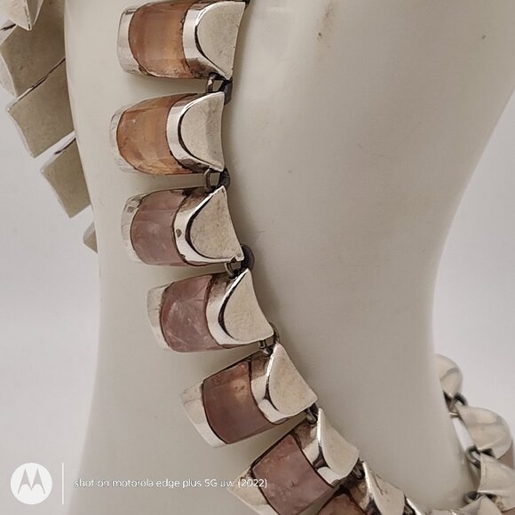 Vintage Sterling By Laura:   Sterling Tile and Moonstone Collar Necklace 14" - Picture 4 of 16